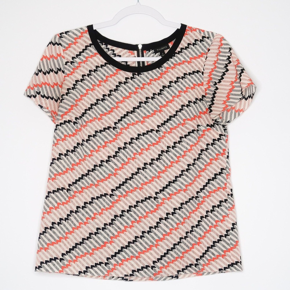 Talbots Geometric Blouse Size 2 Short‎ Sleeve Lightweight Coral Black Office Top